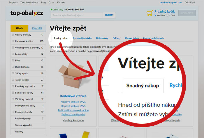 Screenshot funkce snadný nákup na e-shopu Top-obaly.cz